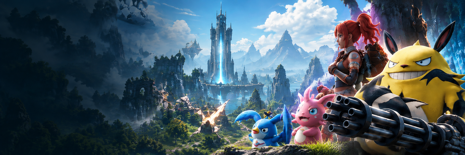 Pal creatures and adventurer in a fantasy landscape