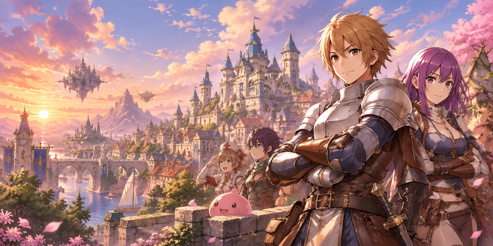 Anime knight and adventurer beside a fantasy castle